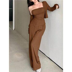 Tube Top & Cardigan and Wide-Leg Pants Set